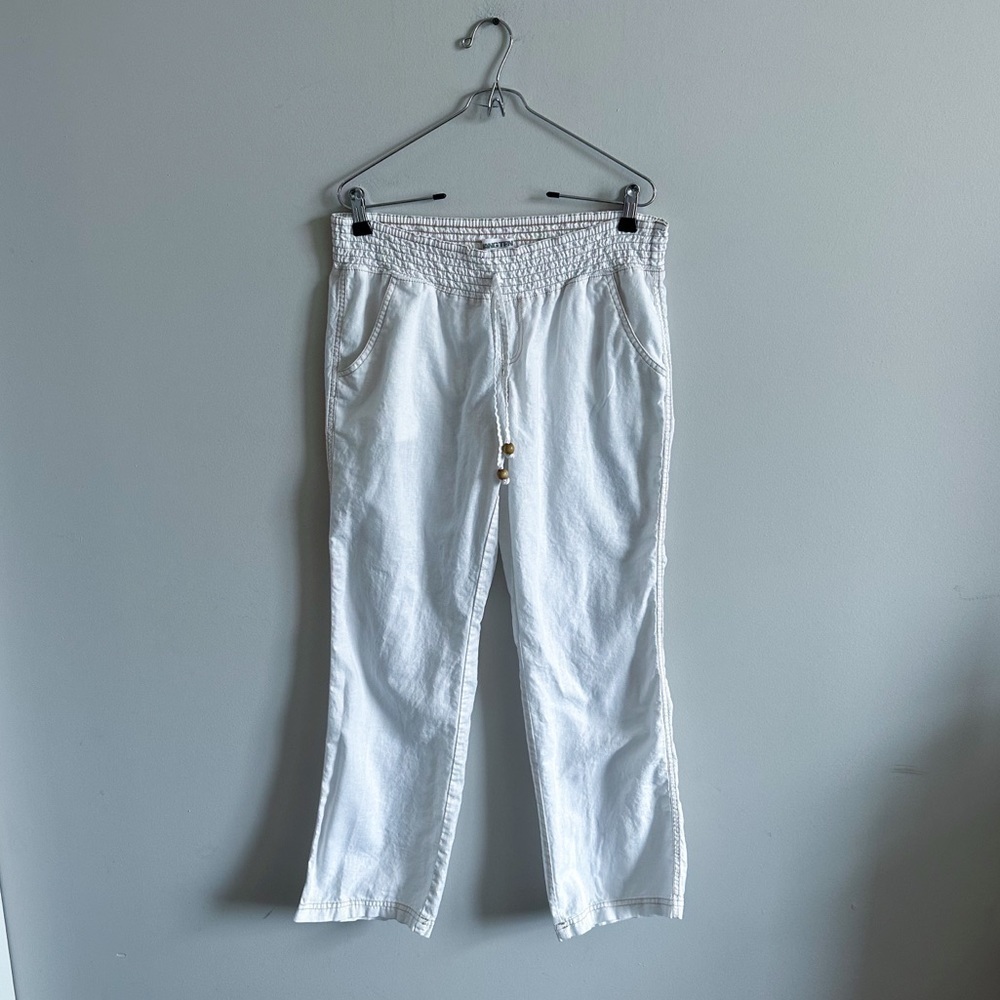 Vintage Y2K Hang Ten White Linen Blend Pants Brown Stitching Beachy Flowy